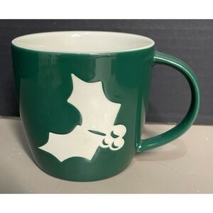 Starbucks 2011 Green Holly Christmas Coffee Mug Bone China 3 1/2 " H x 3 3/4" W